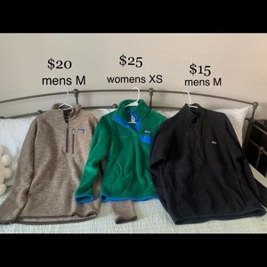 3 different Patagonia pullovers (all 3/4 zip/button). Sizes/prices in photo.
